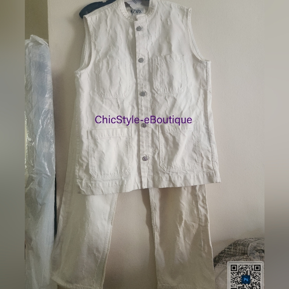 Zara co-ord set Textured Pocket Vest SZ L+ textured distressed pants 8 Ecru nwt - Picture 3 of 16